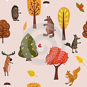 Autumn forest cute animals seamless pattern with trees leaves trendy flat cartoon style