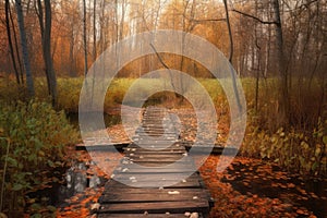 autumn forest with duckboards path and colorful foliage