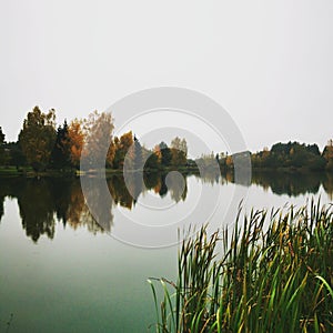 Autumn forest enchants Lake praying water photo