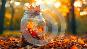 Autumn forest with glass jar and autumn leaves