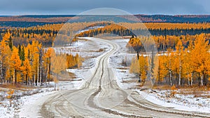 Autumn forest with gold leaves and country roa