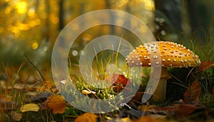 Autumn forest growth yellow toadstool, edible mushroom, fresh grass generated