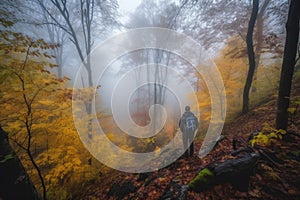 autumn forest hike with crunching leaves and misty fog