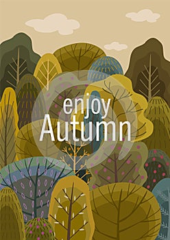 Autumn forest illustration. Vector flat design for card, poster, banner. Beautiful template.