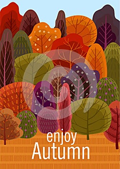 Autumn forest illustration. Vector flat design for card, poster, banner. Beautiful template.