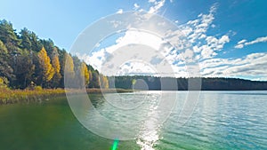 Autumn forest and lake, time-lapse panorama