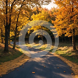 Autumn forest landscape. Gold color tree, red orange foliage in fall park. Nature change scene. Yellow wood in scenic