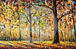 Autumn forest landscape oil painting with sun rays and colorful autumn leaves at tall trees illustration