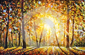 Autumn forest landscape oil painting with sun rays and colorful autumn leaves at tall trees illustration