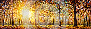 Autumn forest landscape oil painting with sun rays and colorful autumn leaves at tall trees illustration