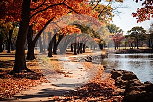 Autumn forest landscape, orange golden foliage in park, fall wallpaper, AI Generated