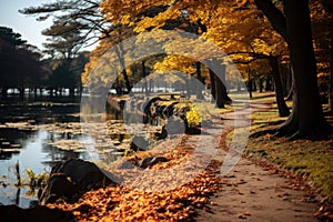 Autumn forest landscape, orange golden foliage in park, fall wallpaper, AI Generated