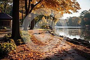 Autumn forest landscape, orange golden foliage in park, fall wallpaper, AI Generated