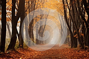 Autumn forest landscape with path autumn leaves and warm light illuminates the golden foliage. Footpath in autumn forest nature