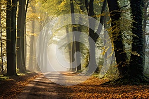 Autumn forest landscape with path autumn leaves and warm light illuminates the golden foliage. Footpath in autumn forest nature