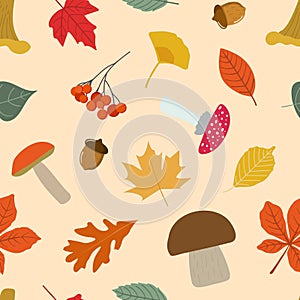 Autumn forest leaves, berries, acorns and mushrooms on peach beige seamless Pattern Design