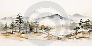 Autumn forest and mountain at foggy day. Digital painting in watercolor style. Neutral muted tones. Panoramic Nordic landscape