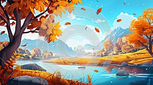 The Autumn forest and mountain nature modern cartoon landscape with falling leaves from the trees and a beautiful stream