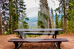 Autumn forest nature. Park bench outdoor landscape. Wooden bench in mountains. Mountain park bench panorama. Peaceful summer natur