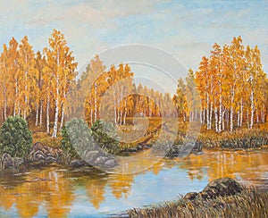 Autumn forest near the river, orange leaves. Original oil painting on canvas.