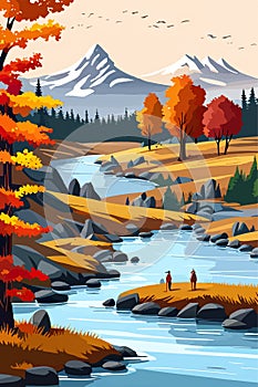 autumn in the forest, park, river stream, fall leaves color on the background of mountains