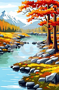 autumn in the forest, park, river stream, fall leaves color on the background of mountains