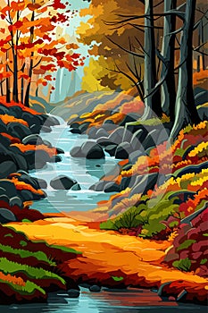 autumn in the forest, park, river stream, fall leaves color on the background of mountains