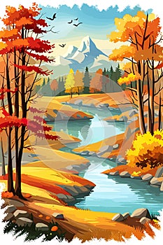 autumn in the forest, park, river stream, fall leaves color on the background of mountains