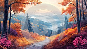 Autumn Forest Path Through Misty Mountains