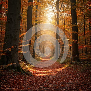 Autumn Forest Path Sunlight Golden Leaves