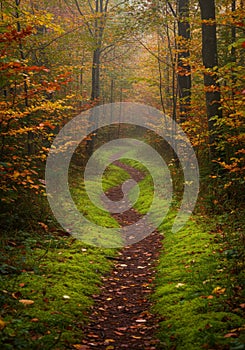 Autumn Forest Path Winding Through Mossy Woods