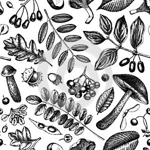 Autumn forest plants seamless pattern. Vector background with mushrooms,  leaves, nuts, berries sketches. Vintage fall season