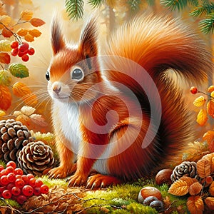 An autumn forest scene with cute squirrel, small round of the fur and the eyes, fruits arounds, acrylic painting art