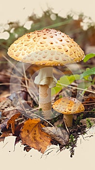 Autumn forest scene Leccinum versipelle mushroom, edible orange birch bolete