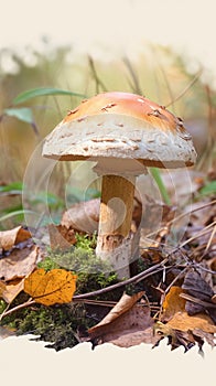 Autumn forest scene Leccinum versipelle mushroom, edible orange birch bolete