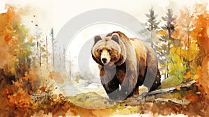 Autumn forest scene with majestic brown bear. Wall art wallpaper