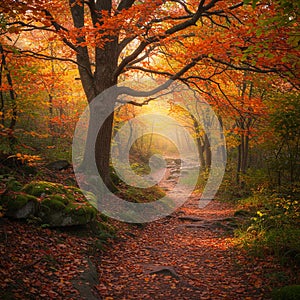 Autumn forest scene with a path winding through fallen leaves. Large trees, primarily photo