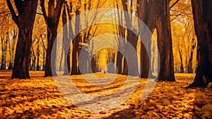 Autumn forest scenery with road of fall leaves & warm light illumining the gold foliage. Footpath in scene autumn forest nature.