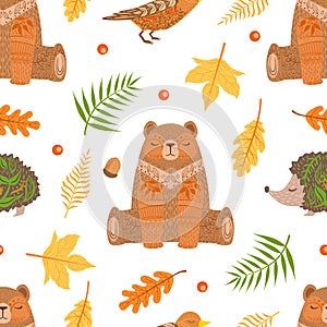 Autumn Forest Seamless Pattern, Colorful Fall Leaves and Wild Woodland Bear Anima Cartoon Vector Illustration