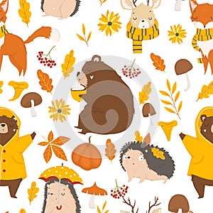 Autumn forest seamless pattern with cute animals