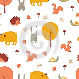 Autumn forest seamless pattern with cute animals