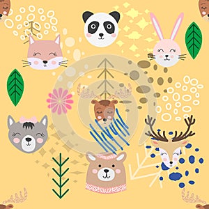 Autumn forest seamless pattern with cute animals