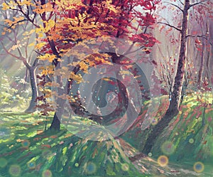 Autumn forest with sunlight painting landscape, oil on canvas art, beautiful nature park artwork illustration, colorful garden