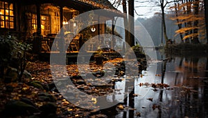 Autumn forest, tranquil pond, old cottage, spooky window, rustic hut generated by AI