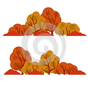 Autumn forest. Trees with red and orange leaves. Bushes and branches