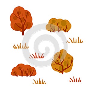 Autumn forest. Trees with red and orange leaves. Bushes and branches