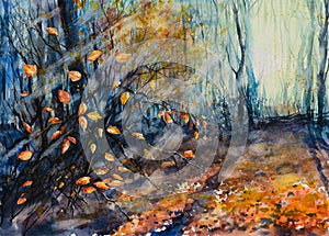 Autumn forest watercolors painted.