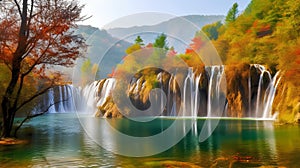 Autumn forest and waterfall in Plitvice Lakes National Park, Croatia