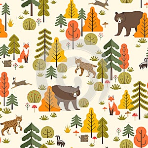 Autumn forest wildlife animals seamless pattern