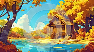 In an autumn forest, a wooden hut is sitting near a lake, with yellow foliage on trees, shrubs, golden leaves visible on